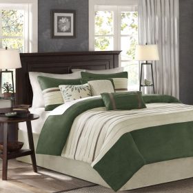 7 PC Pieced Faux Suede Comforter Set Green Cal King