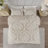 3 piece Tufted Cotton Chenille Damask Comforter Set Taupe King/Cal King